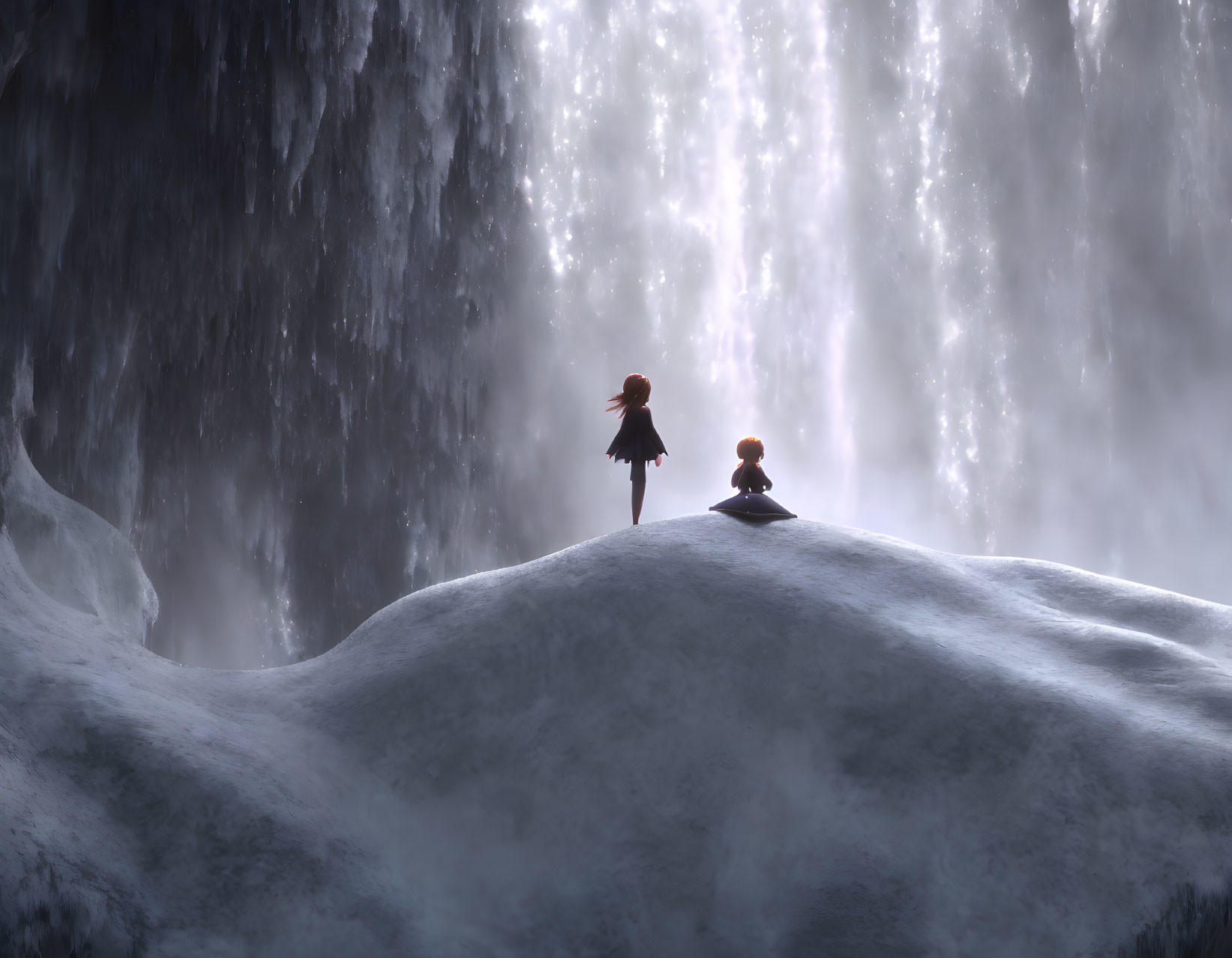 Figures by Waterfall Surrounded by Ice and Snow