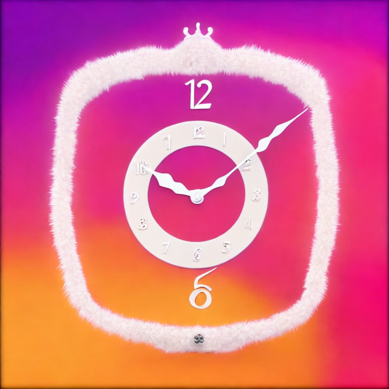 Square white clock on purple-orange gradient with crown and pendant