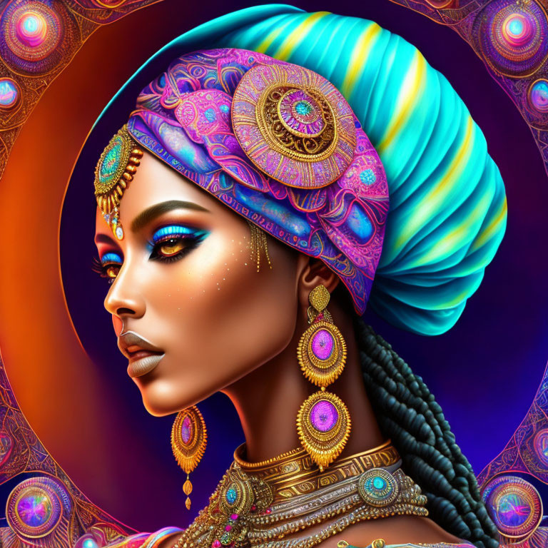 Colorful illustration of person with blue and purple turban and intricate jewelry against mandala background