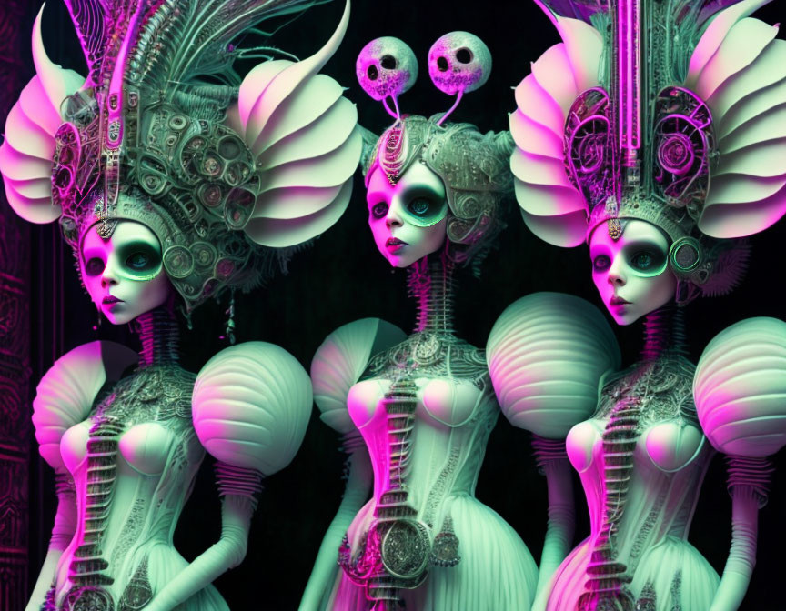 Surreal stylized female figures with elaborate headdresses and skeletal motifs