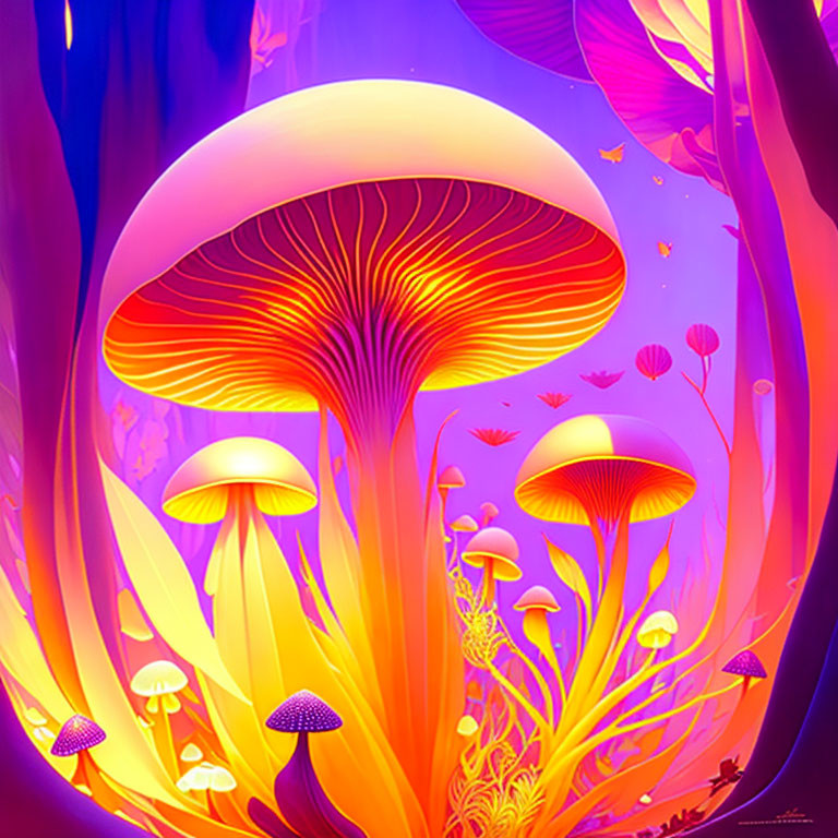 Colorful Digital Artwork: Fantastical Mushroom Forest with Glowing Fungi