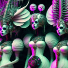 Surreal stylized female figures with elaborate headdresses and skeletal motifs