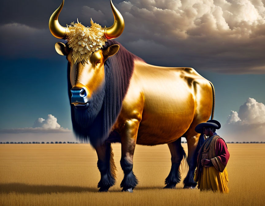 Digitally altered image of majestic bull with golden crown and person in traditional attire against dramatic sky