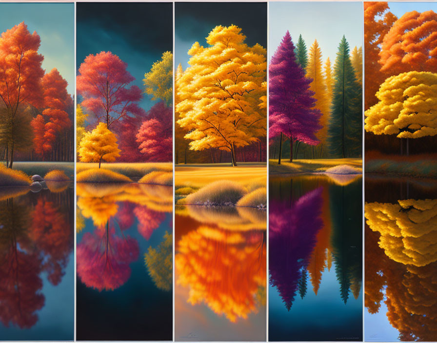 Colorful Autumn Trees Reflecting in Water: Five Panels of Red to Golden Hues