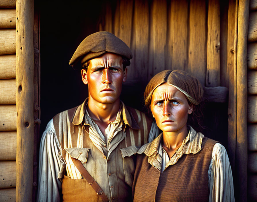 Vintage photograph: Two solemn-faced figures in front of wooden structure