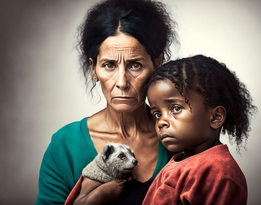 Solemn woman and child with ferret in poignant scene