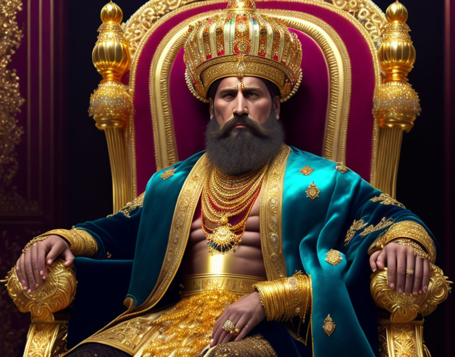 Bearded man in gold-embellished robe on throne