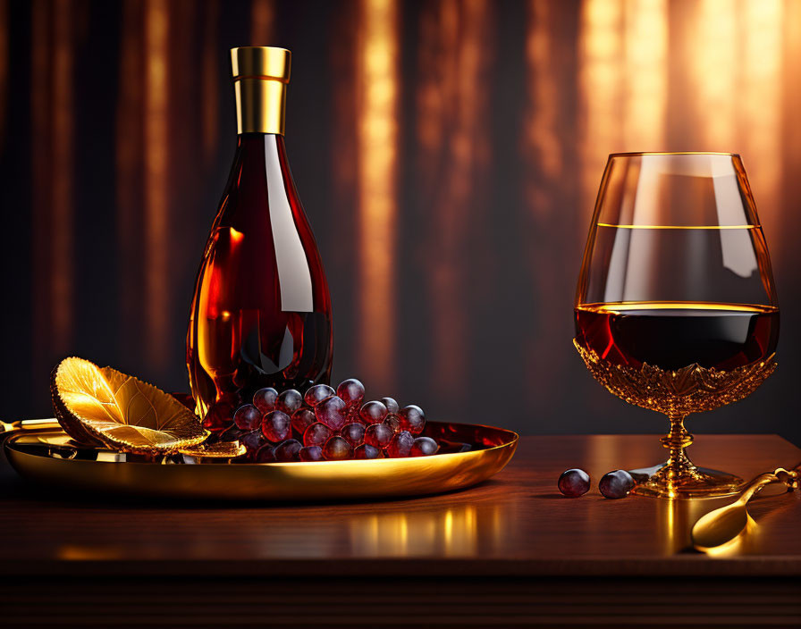 Liquor bottle, glass, red grapes on wooden table with golden tray.