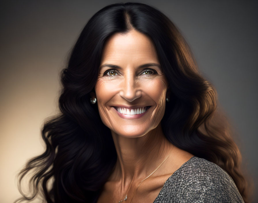 Smiling woman with dark hair and pearl earrings in gray top