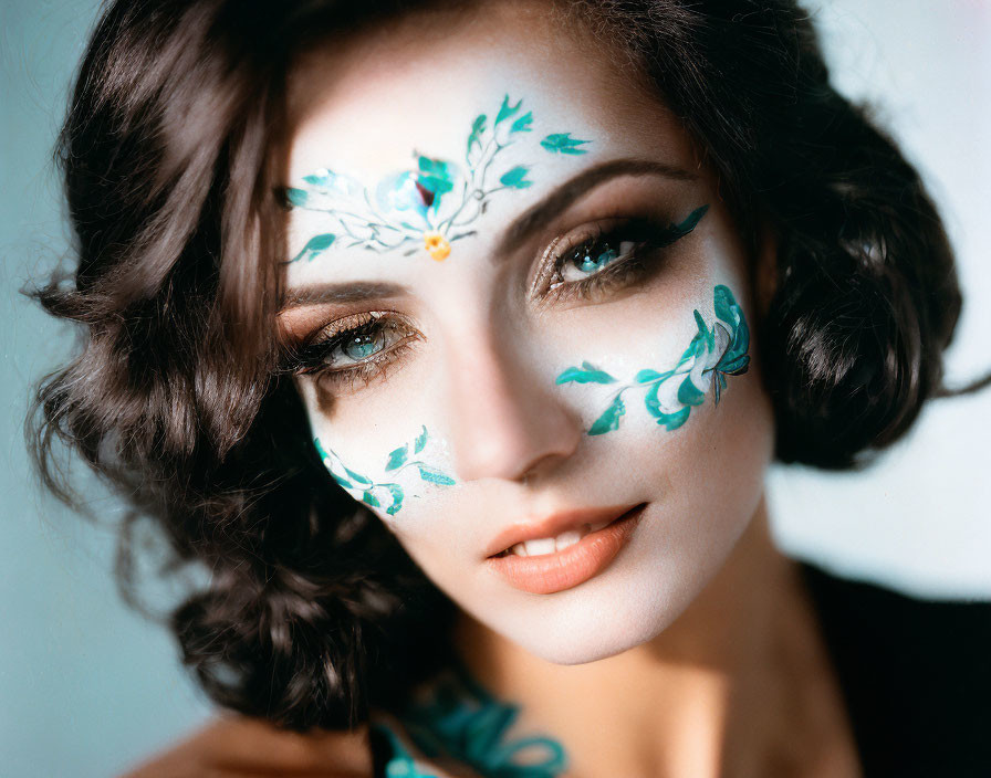 Woman with floral face paint, wavy hair, and direct gaze.