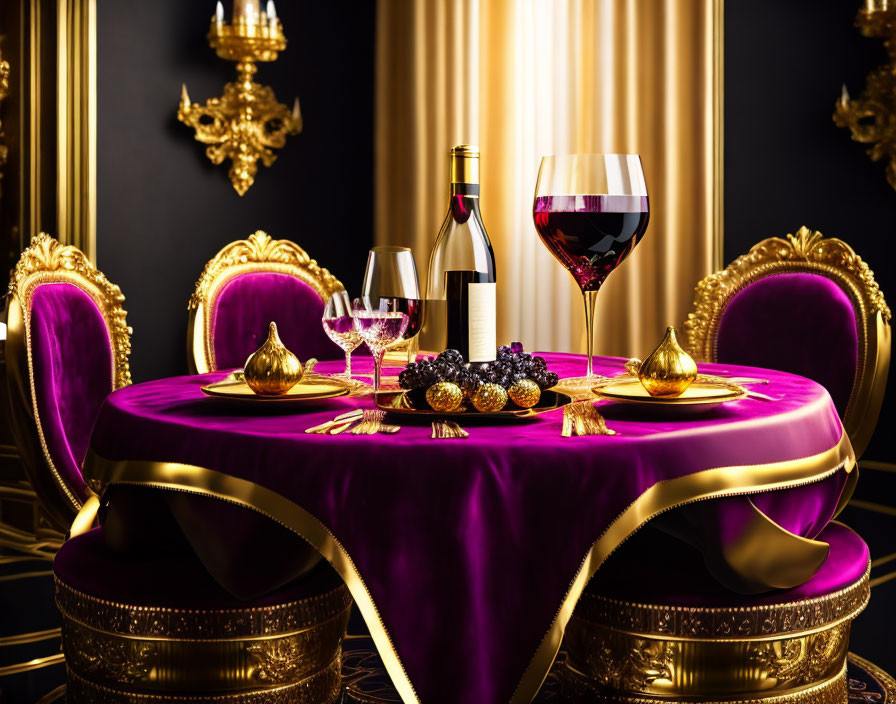 Luxurious Dining Setup with Purple Velvet Tablecloth and Gold Accents