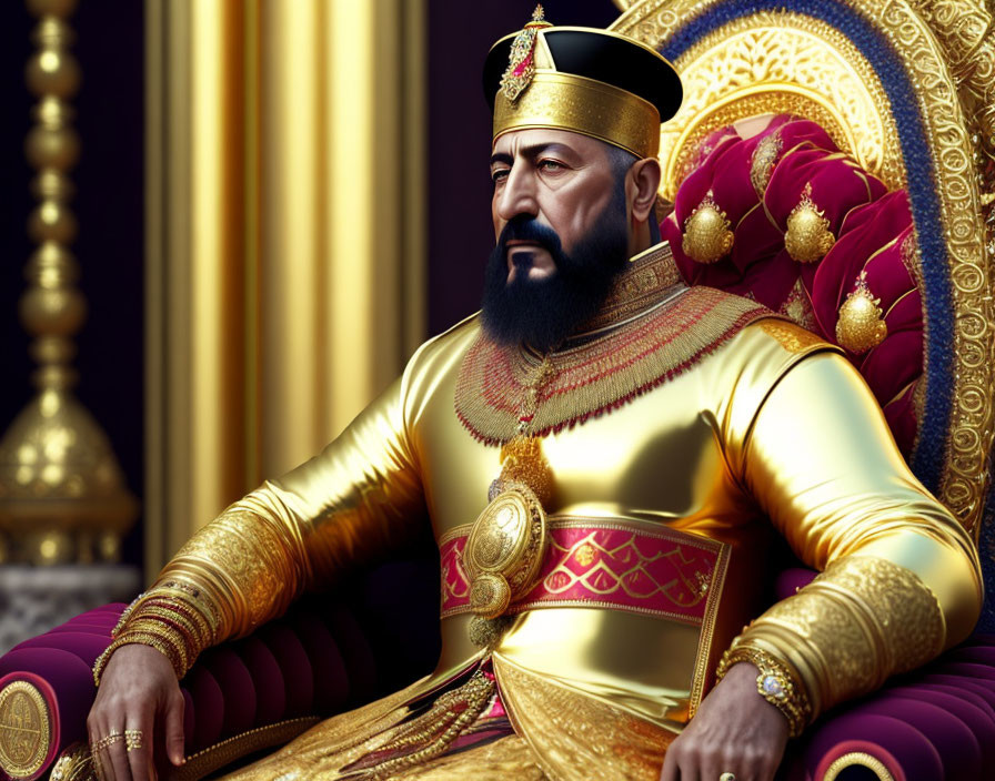 Royal bearded king in golden armor on purple throne