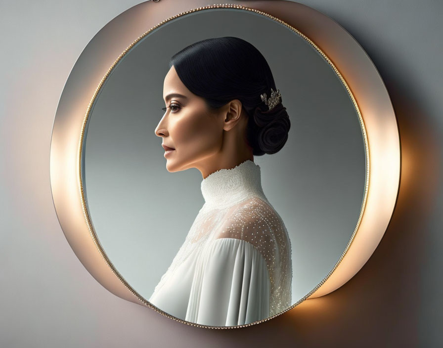 Sophisticated woman with updo and pearl earrings in circular mirror with warm backlighting.