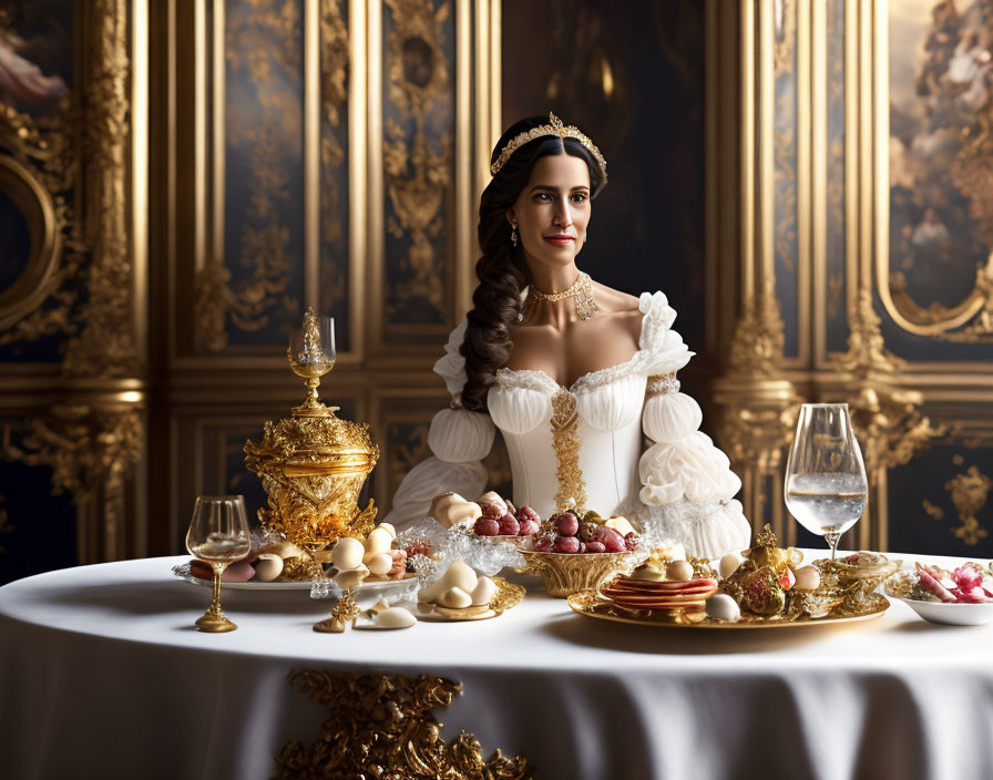 Regal woman in luxurious setting with desserts