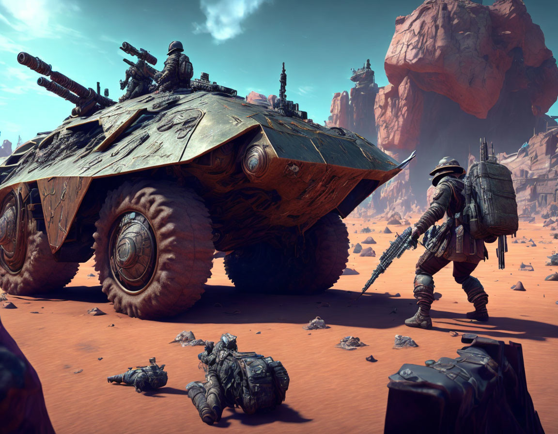 Armored vehicle and soldiers in futuristic desert landscape