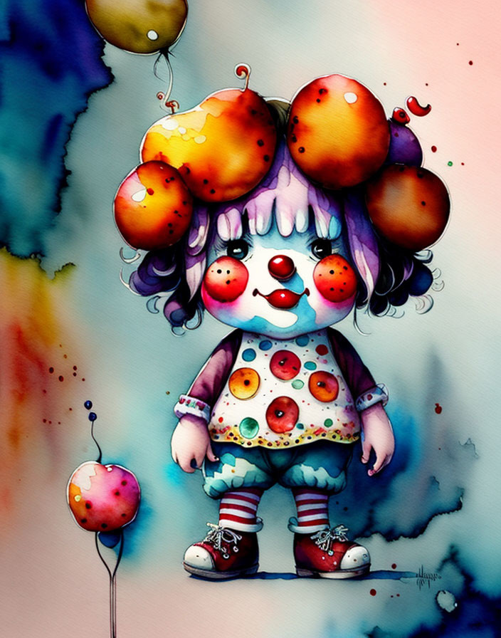 Colorful Clown-Like Character Painting with Balloon Accents