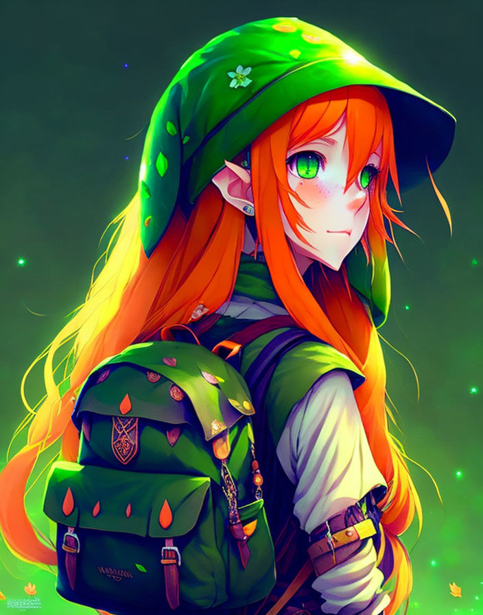 Girl with Orange Hair and Green Eyes in Clover Hoodie and Backpack on Green Bokeh Background