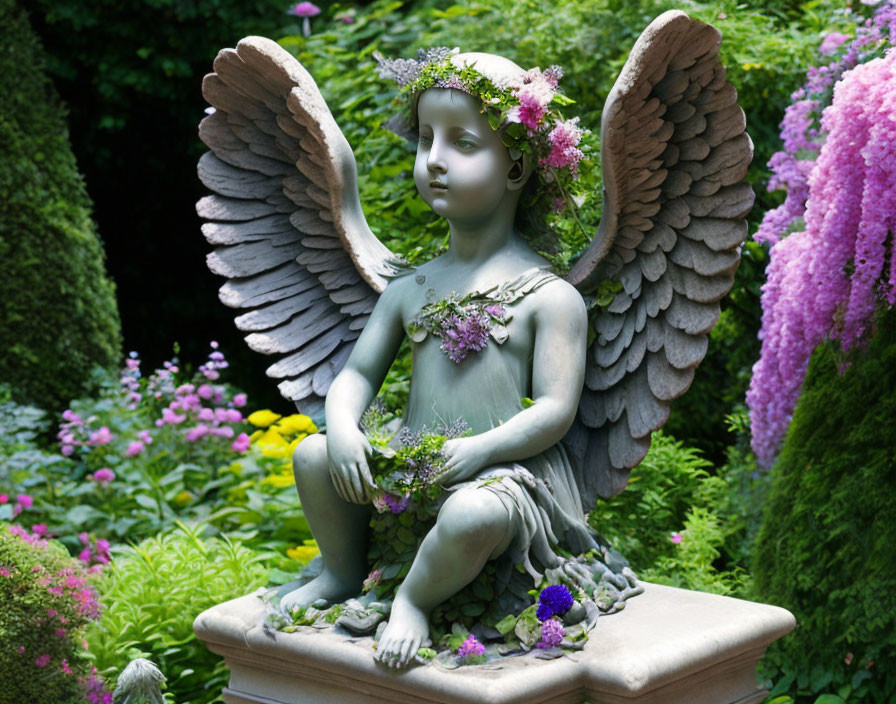 Stone angel statue with floral wreath in lush garden