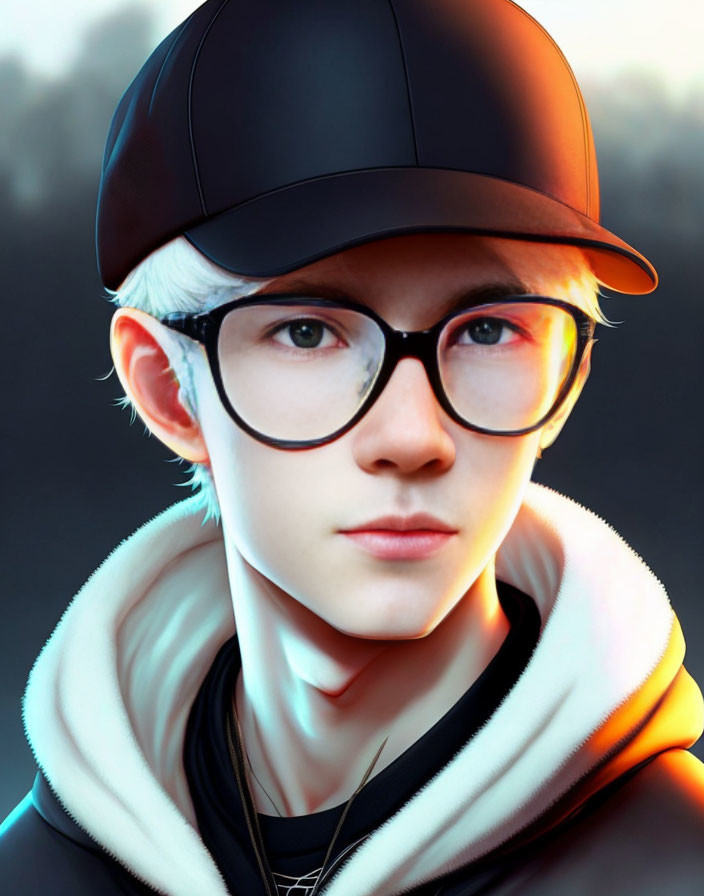 Digital portrait: person in clear glasses, black cap, black & white jacket on dark background