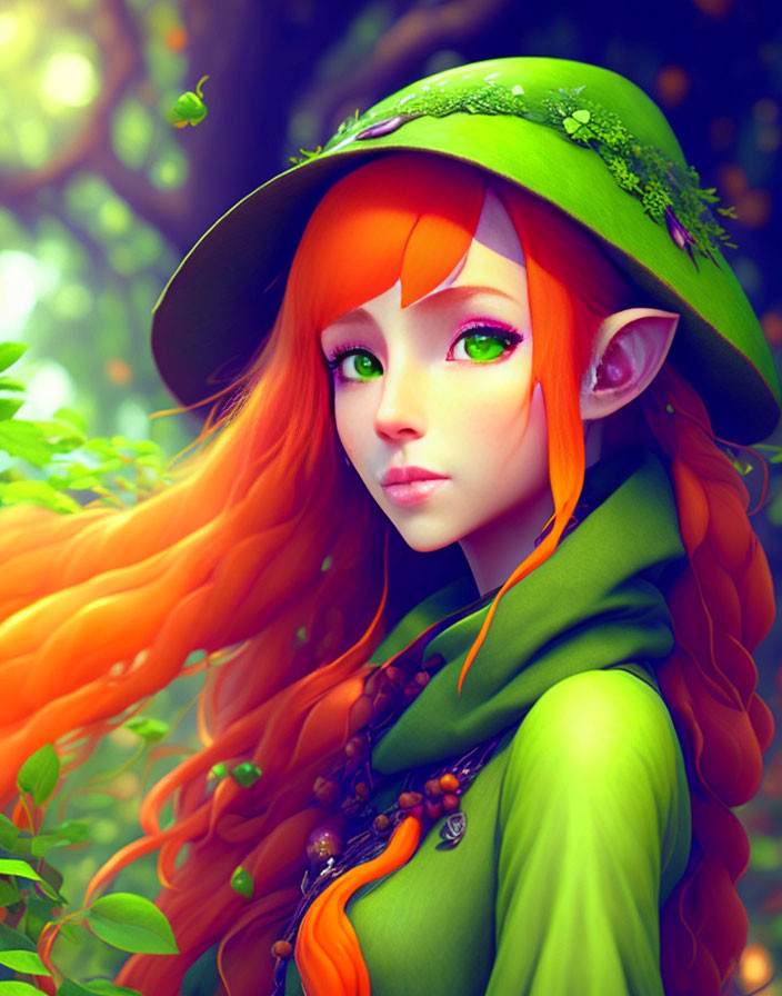 Colorful Elf Illustration with Orange Hair and Green Attire