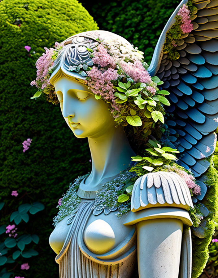 Blue-skinned angelic figure sculpture with wings, greenery, and pink flowers