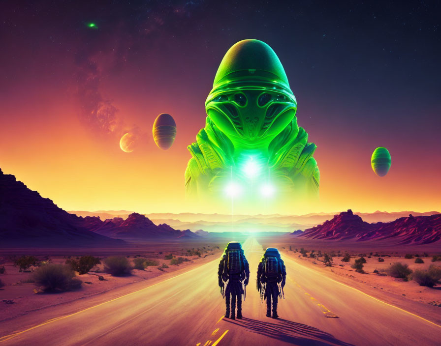 Silhouetted figures on desert road with large alien figure and cosmic sky.