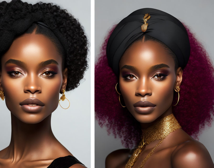 Split-screen image: Woman with black headwrap, makeup, hoop earrings, gold choker.