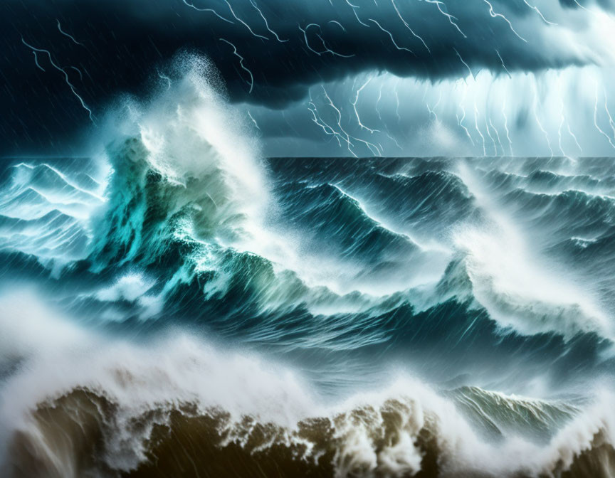 Stormy Ocean Scene with Towering Waves and Lightning Sky