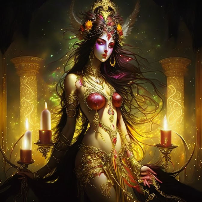 Fantasy illustration of woman with golden jewelry and mystical tattoos in magical setting