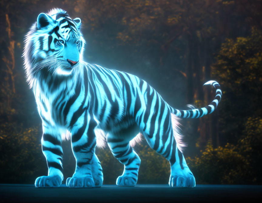 Neon glowing white tiger in mystical forest setting