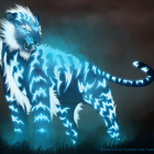 Neon glowing white tiger in mystical forest setting