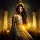 Fantasy illustration of woman with golden jewelry and mystical tattoos in magical setting