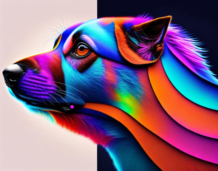 Colorful Digital Art: Neon Dog Profile on Split Background