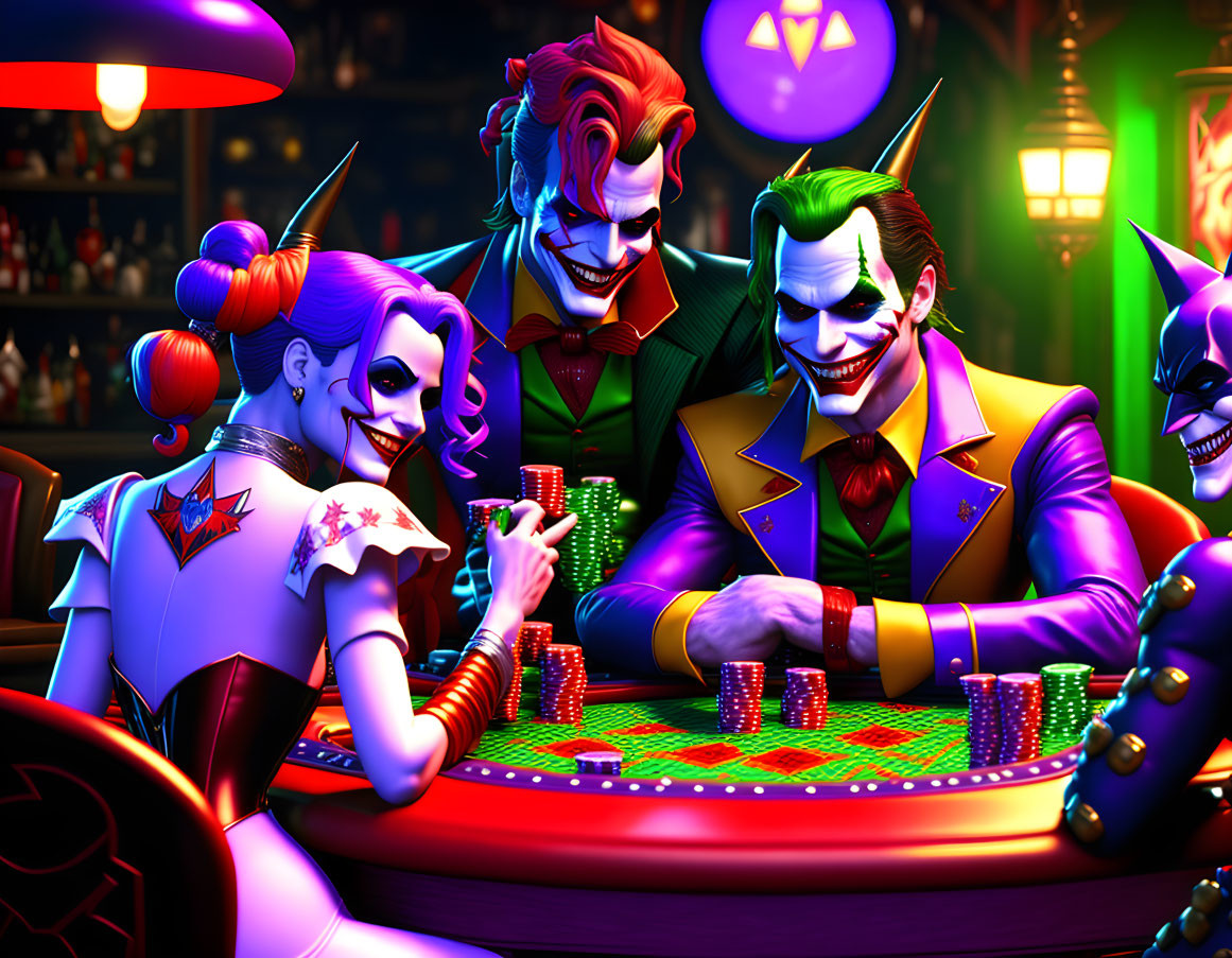 Colorful Joker Characters Laughing and Gambling at Casino Table