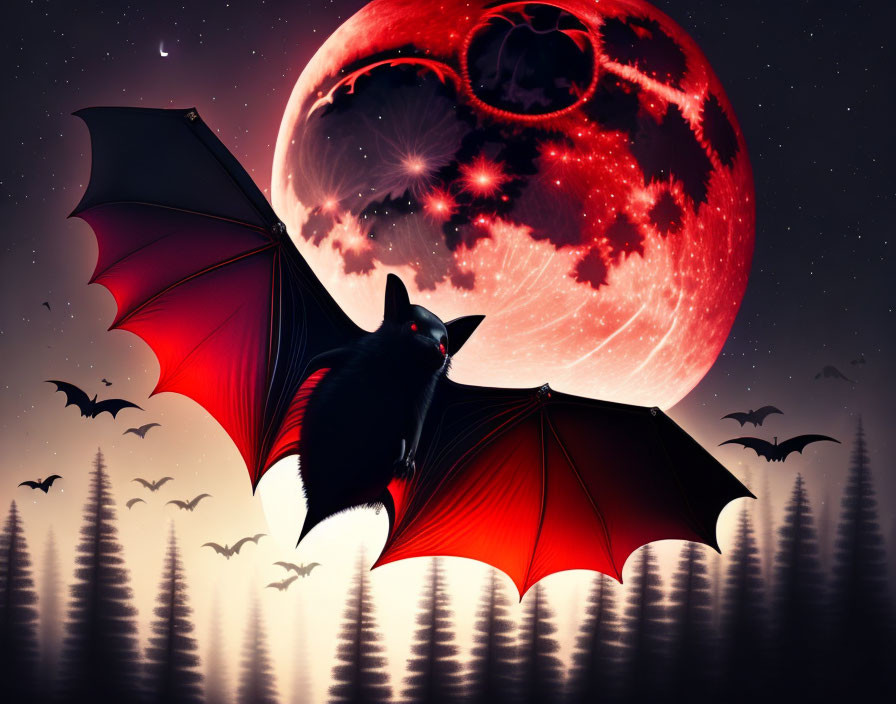 Digital art: Bat flying with red moon and mystical symbols in starry night sky above forest