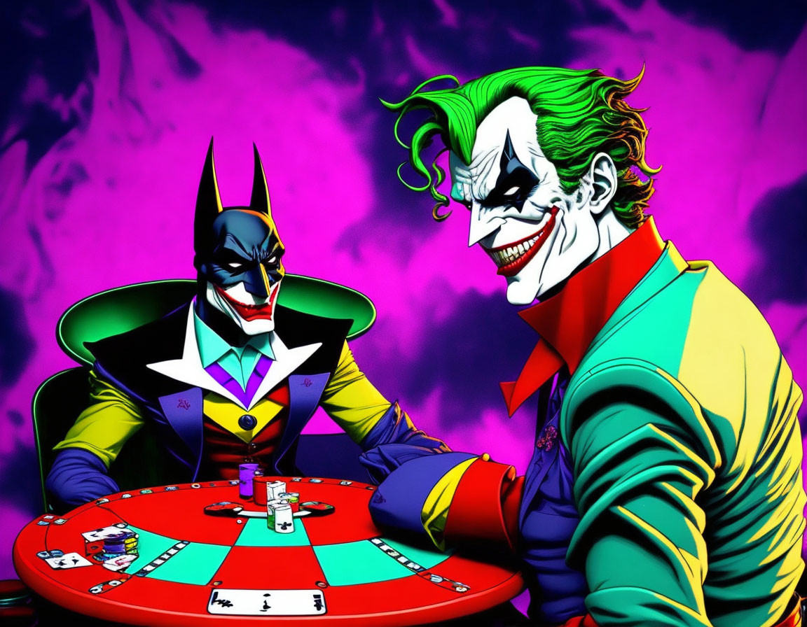 Animated Batman and Joker characters at poker table with cards and chips on vibrant background