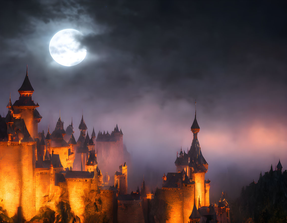 Medieval castle in mist under full moon.