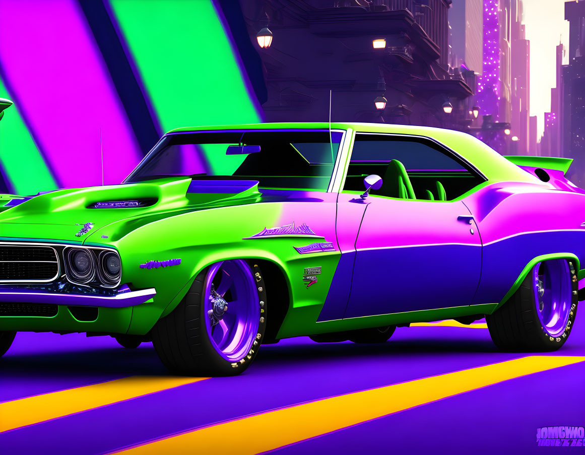 Colorful digital artwork of green and purple muscle car in futuristic cityscape