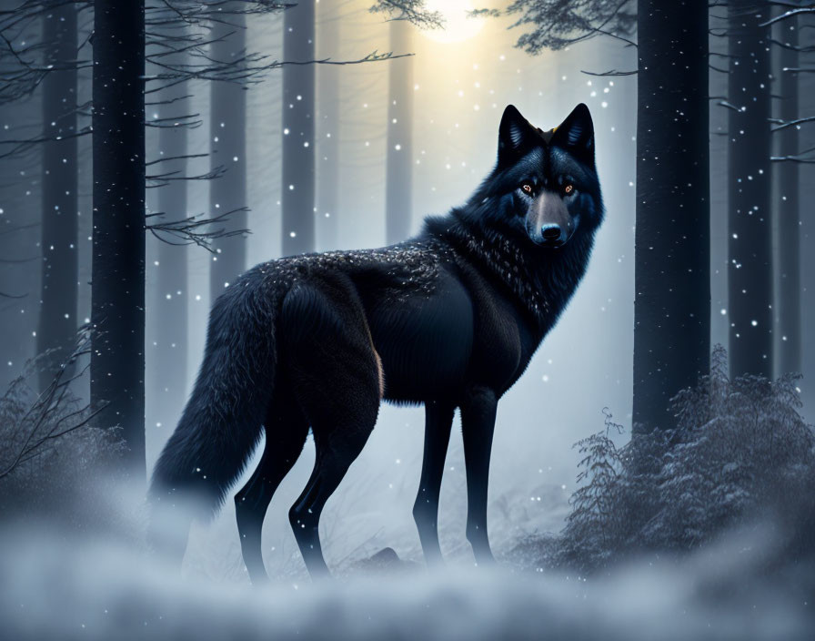 Black Wolf in Snowy Forest with Light Filtering Through Trees