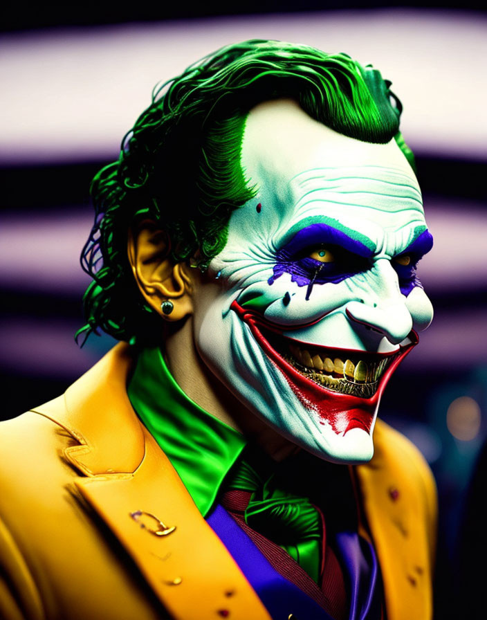 Colorful figure with Joker-like grin and vibrant attire in classic comic-book style.