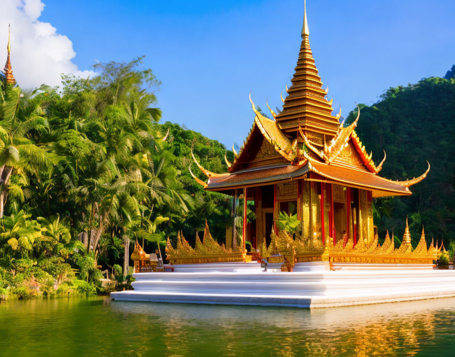 Traditional Thai Temple Surrounded by Water and Greenery