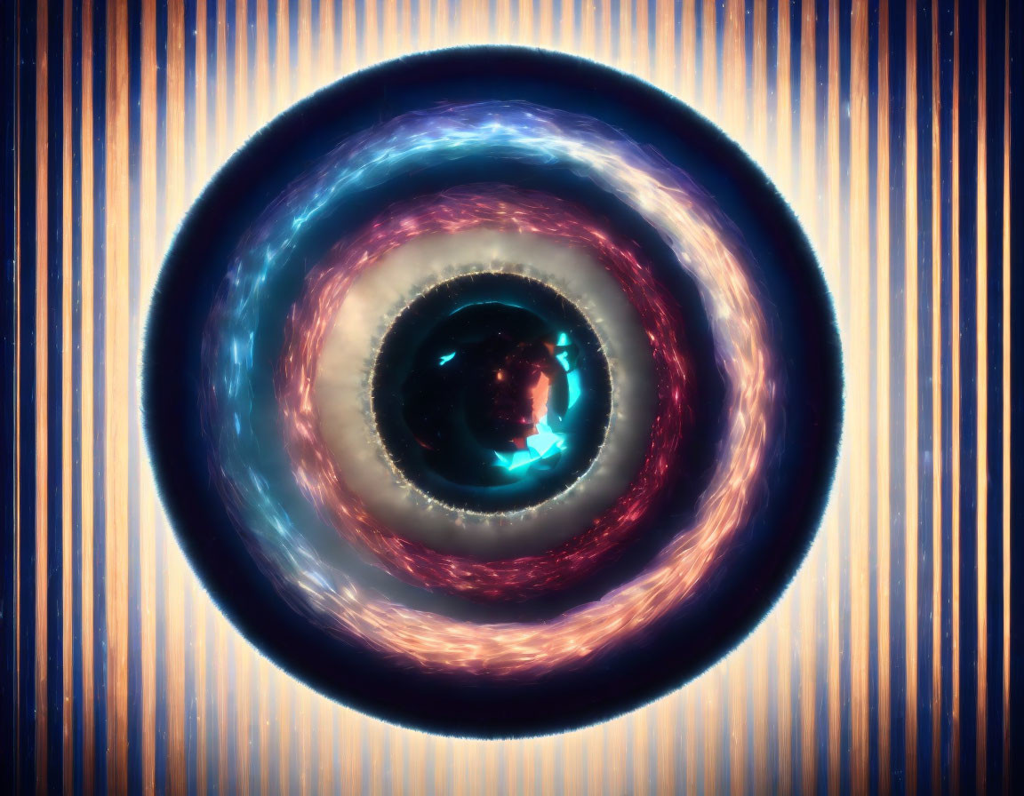 Vibrant concentric circle abstract art with glowing core on striped backdrop