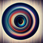 Vibrant concentric circle abstract art with glowing core on striped backdrop