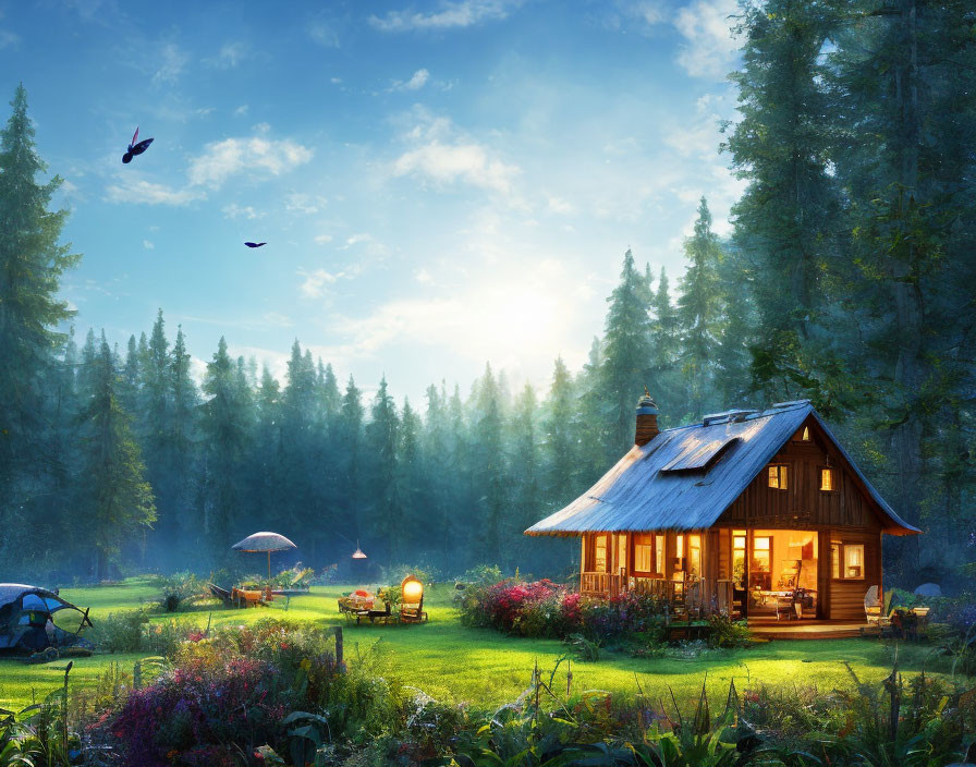 Rustic cabin in lush garden with morning light and birds