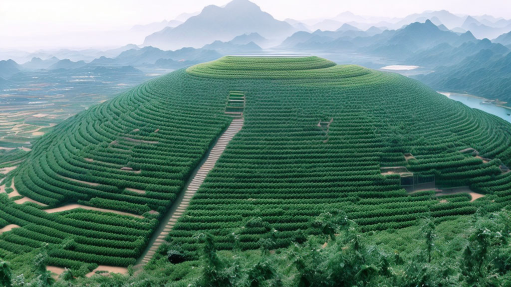 Symmetrical terraced hill with green crops, mountains, and river landscape