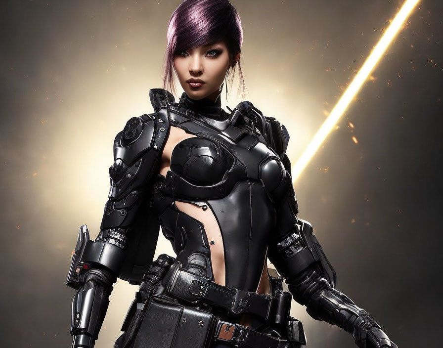 Purple-haired female character in futuristic black body armor with glowing orange stripes background