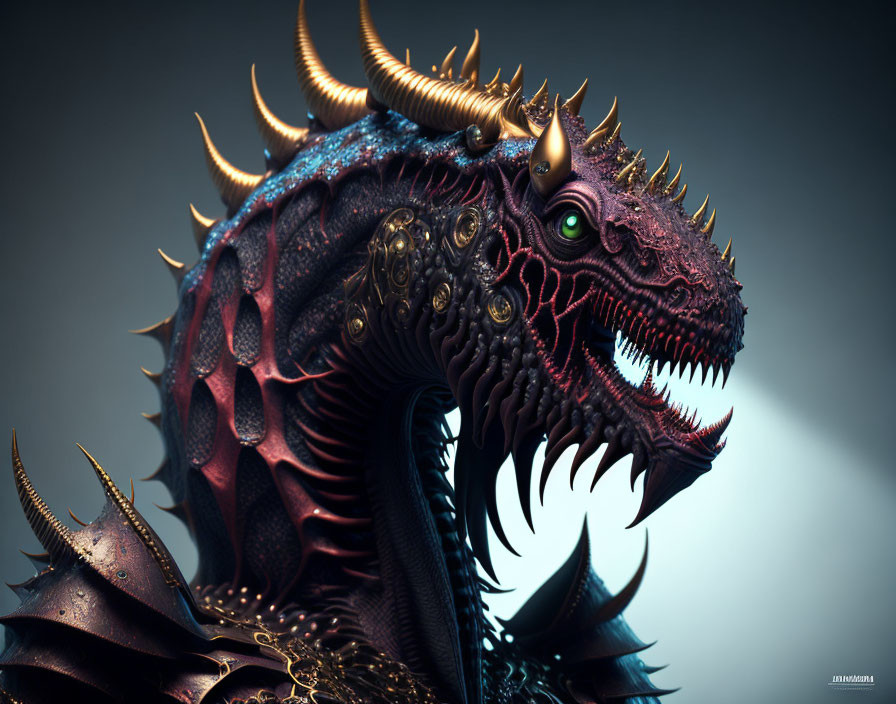 Detailed Digital Artwork: Red and Black Dragon with Horns and Glowing Eyes