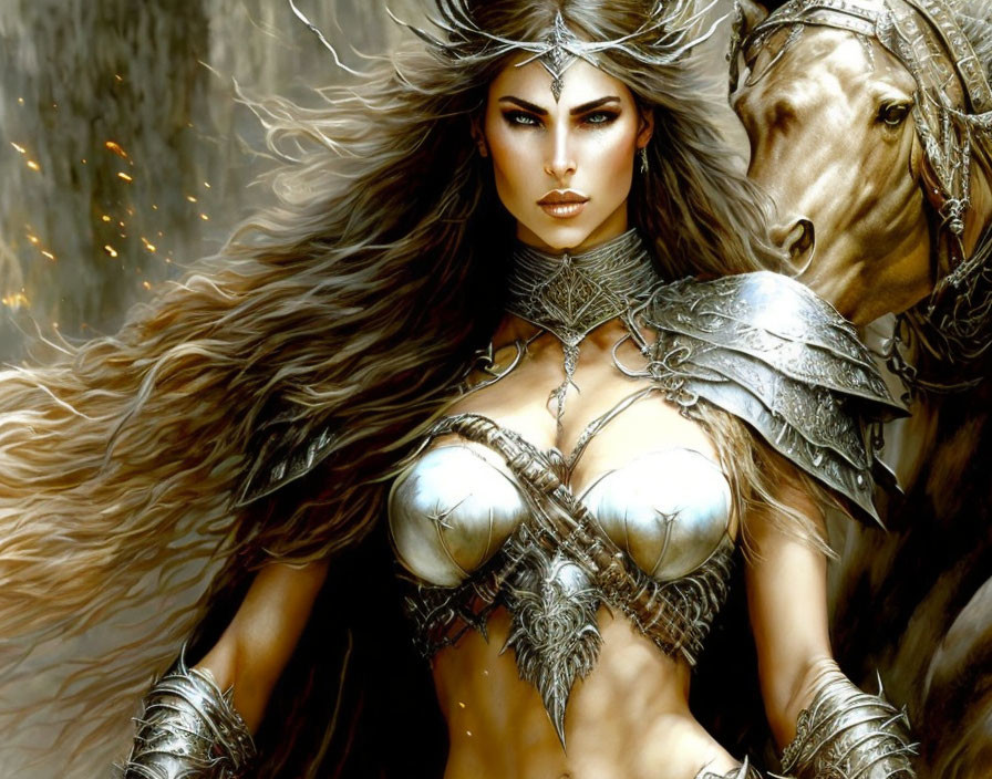 Fierce warrior woman in metallic armor with majestic horse in fantasy artwork