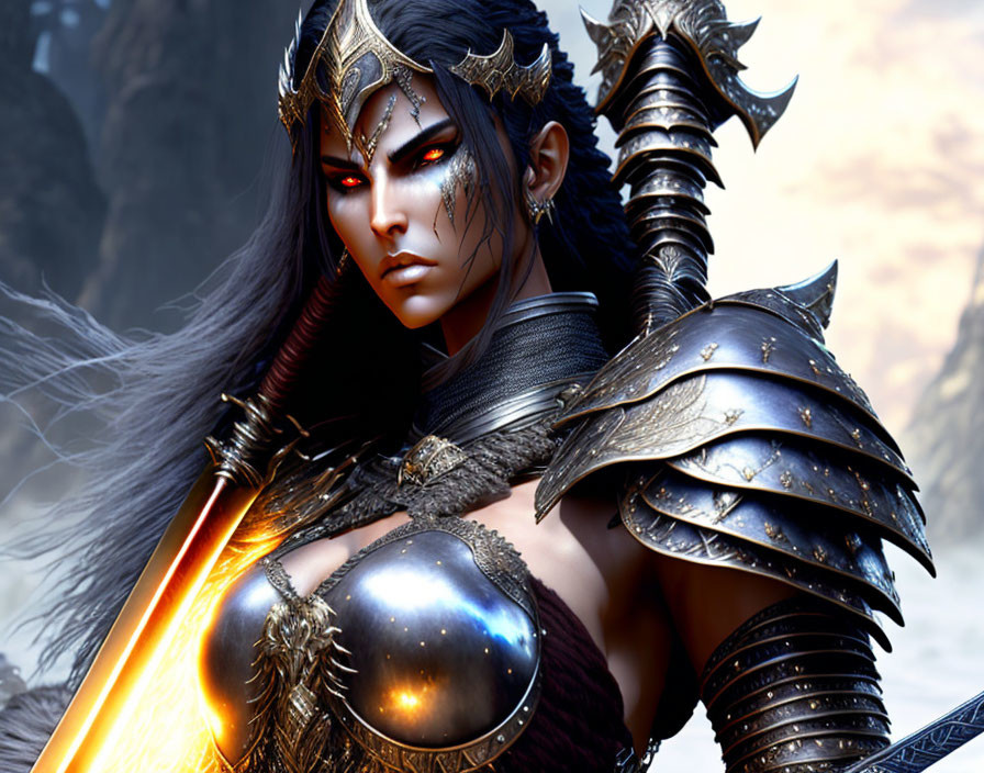 Fantasy female warrior in black armor with glowing sword