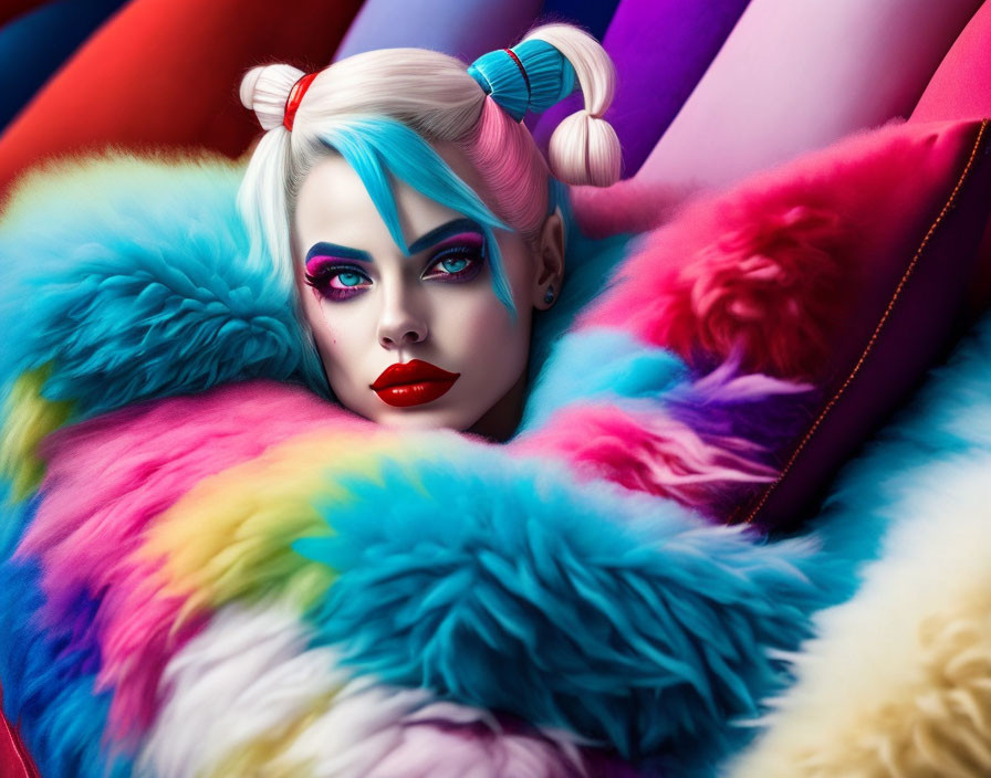 Vibrant portrait of woman with blue hair and colorful makeup